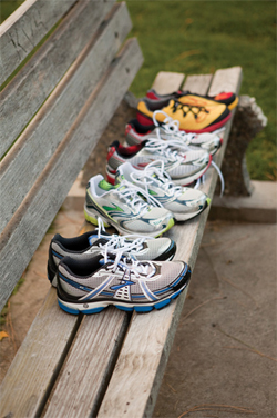 Benched: Display of running shoes ready for a marathon